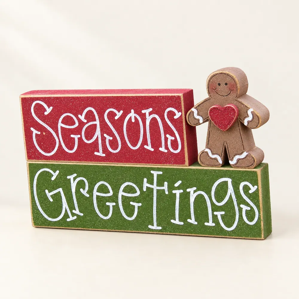 Seasons Greetings Wood Blocks, Gingerbread Man Christmas Decor — handmade wooden decor, photo 1