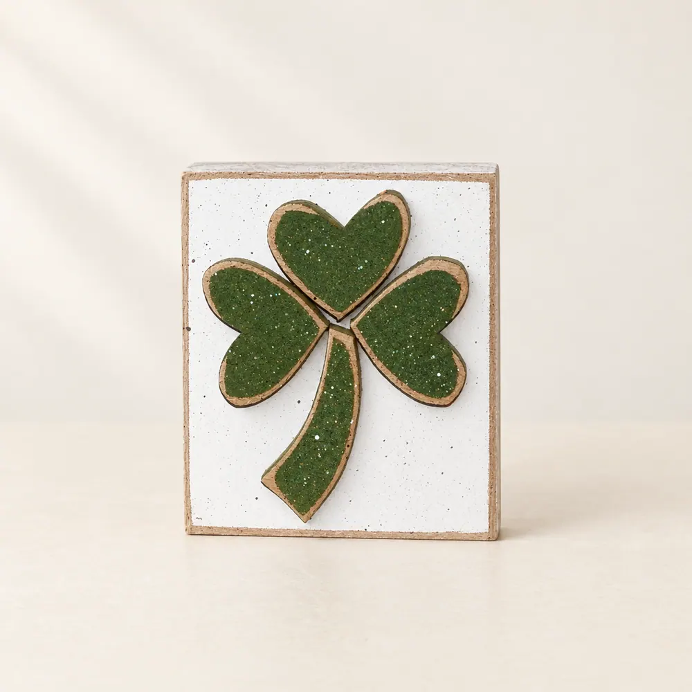 Small White Block with Clover — handmade wooden decor, photo 1