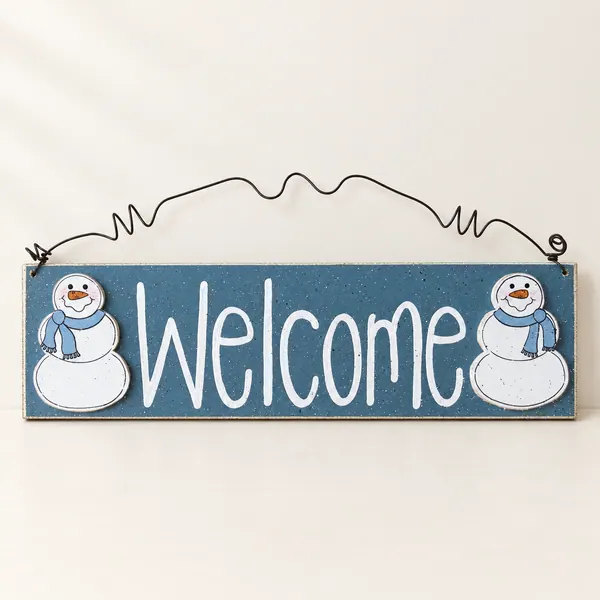 Snowmen Welcome Sign - Handcrafted Blue Gray Winter Door Decor