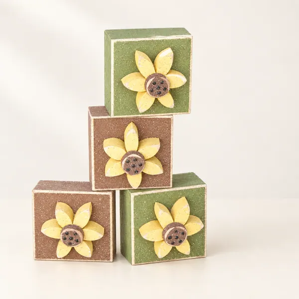 Sunflower Fall Decor Blocks, Autumn Tabletop Display, Handmade USA