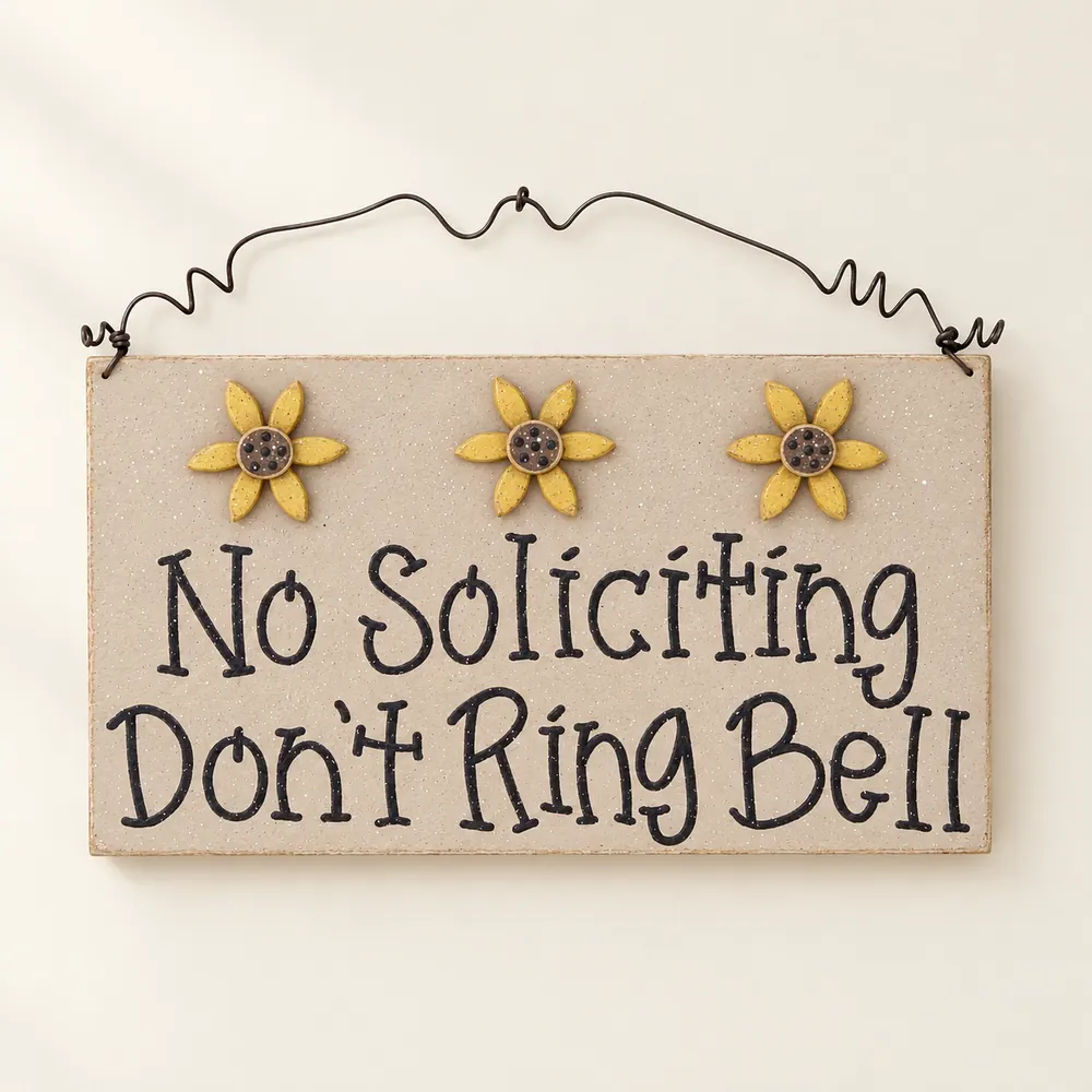 Sunflower No Soliciting Sign – Beige Door Hanging, USA Handcrafted — handmade wooden decor, photo 1