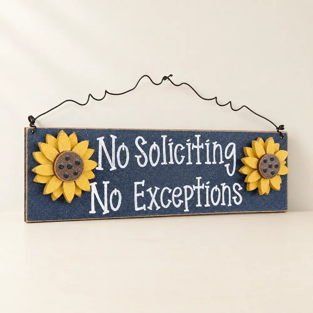Sunflower No Soliciting Sign – Navy Blue Home Decor — handmade wooden decor, photo 1
