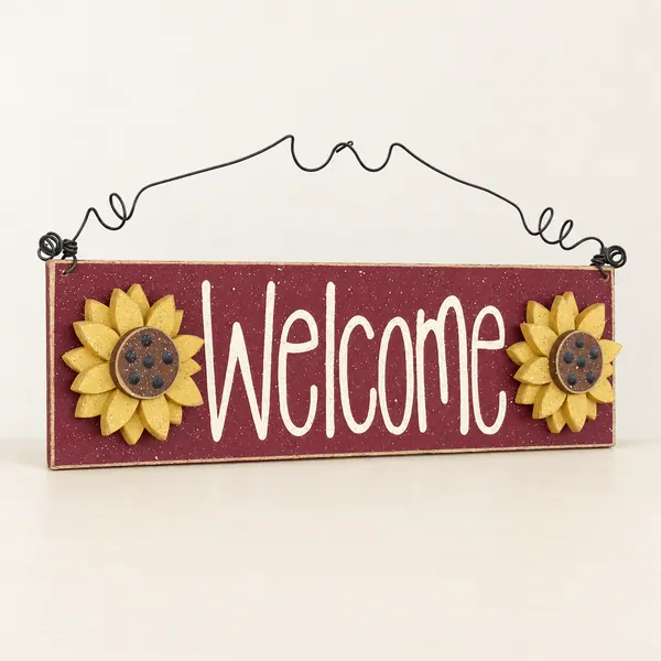 Sunflower Welcome Sign - Barn Red Home Decor, Handcrafted