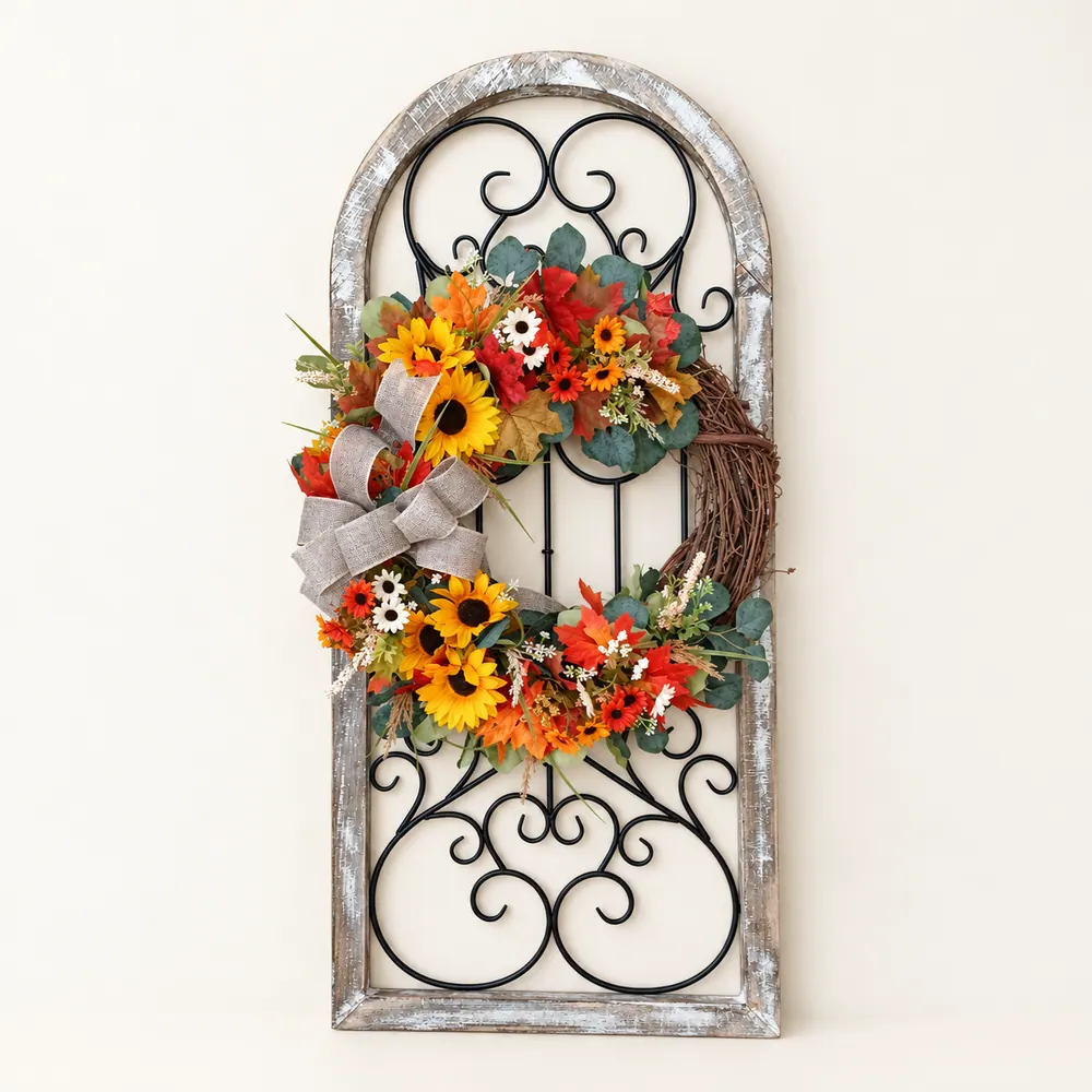 Sunflower Wreath with bow — handmade wooden decor, photo 1