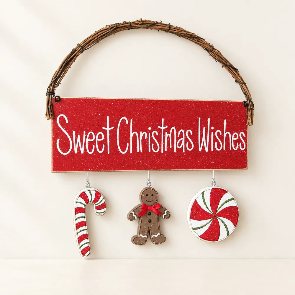 Sweet Christmas Wishes sign with hanging decor — handmade wooden decor, photo 1