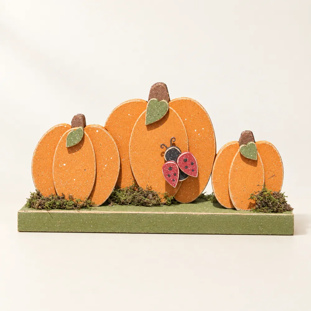 Triple Pumpkins on a base with a ladybug — handmade wooden decor, photo 1
