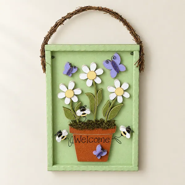 Welcome Flower Pot Door Hanger, Daisy, Butterfly, Spring Decor