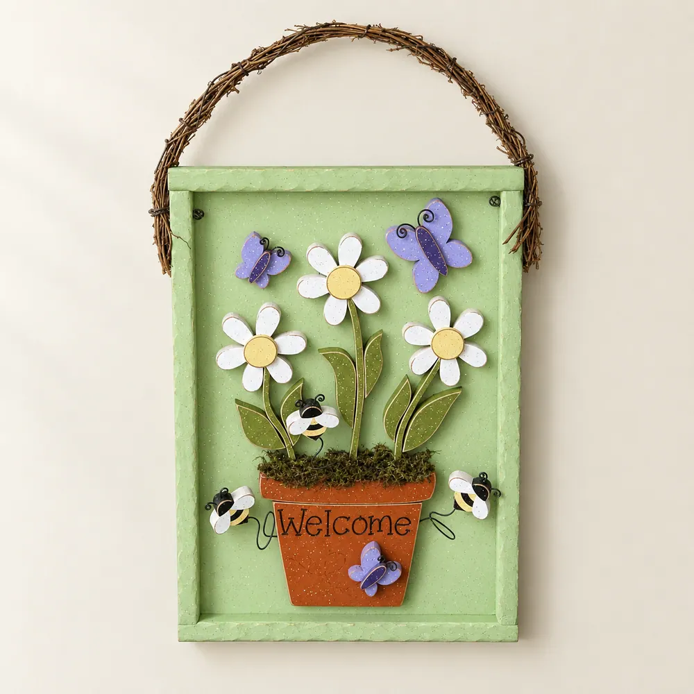 Welcome Flower Pot Door Hanger, Daisy, Butterfly, Spring Decor — handmade wooden decor, photo 1