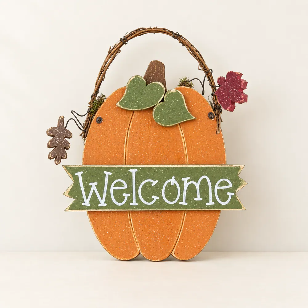 Welcome Pumpkin With Autumn leaves – Style 2 — handmade wooden decor, photo 1