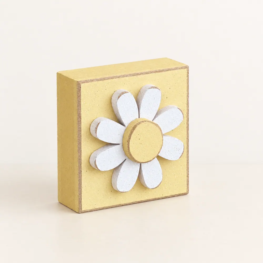 Yellow 3-1/2 inch Square Daisy Block — handmade wooden decor, photo 1